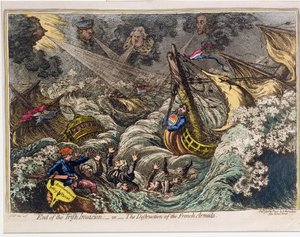 Az ír invázió vége, avagy a francia armada elpusztítása, kiadta Hannah Humphrey 1797-ben (kézi színezésű metszet és aquatinta).