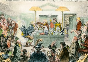Angol szatíra a tudományról: új felfedezések a pneumatikus anyagokban. Szatirikus rajz a 19. századi tudományos konferenciák iránti lelkesedésről. James Gillray metszete (1757-1815) alkotó: James Gillray