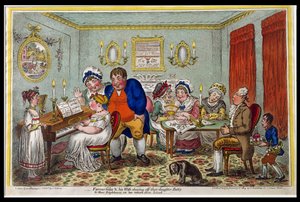 Giles gazda és felesége megmutatják lányukat, Bettyt a szomszédjaiknak, amikor visszatér az iskolából, Hannah Humphrey adta ki 1809-ben (kézzel színezett rézkarc)