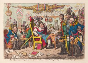 Egészségi állapotuk miatt nyugdíjba vonuló francia tábornokok: Lepaux elnökletével az igazgatói rendelőben, kocsmában. 1799 (kézzel színezett metszet)