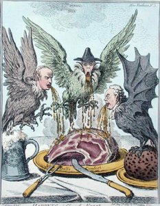Harpyiák elpusztítják a lakomát, Hannah Humphrey kiadása 1799-ben (kézi színezett metszet) alkotó: James Gillray