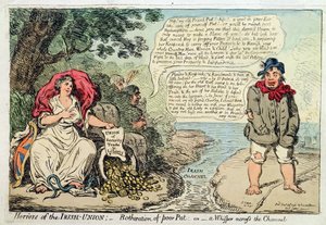 Az Ír Unió borzalmai: Szegény Pat zavarása, avagy Suttogás a csatornán túl, Hannah Humphrey adta ki 1798-ban (kézzel színezett rézkarc)