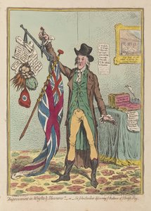 A súlyok és mértékek fejlesztése, vagy Sir John Seeclear, aki felfedezi minden brit zászló, kocsma egyensúlyát. 1798 (kézzel színezett metszet)