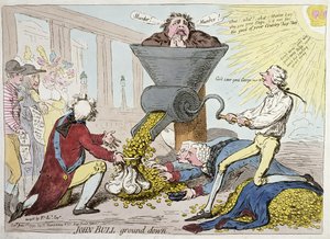 John Bull Ground Down, Hannah Humphrey adta ki 1795-ben (kézzel színezett rézkarc)