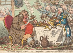 John Bull ebédel - avagy - Brit szakácsok jó ételekkel tömik az öreg Morgó-Gyomrot (a Caricature 1. kötetéből) alkotó: James Gillray