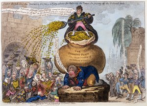 John Bull és a süllyedő alap – egy kicsinyes program az adók csökkentésére és az államadósság kifizetésére, pub. H Humphrey, London, 1807 (kézzel színezett metszet)
