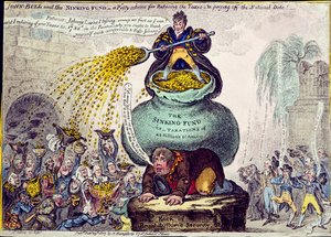 John Bull és a Sinking Fund vagy Egy szép terv az adók csökkentésére és az államadósság kifizetésére, kiadta Hannah Humphrey 1807-ben (kézi színezett metszet).