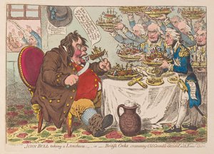 John Bull ebéddel vagy brit szakácsok, akik Old Grumble Gizzard-t zsúfoltak össze Bonne Chere-vel, 1798-as kocsma (kézzel színezett gravírozás)