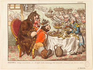 John Bull ebédel: avagy a brit szakácsok, akik „Öreg Morci” gyomrát „Bonne Chere”-vel tömik tele alkotó: James Gillray