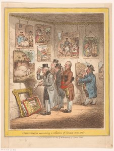 A műértők megtekintik George Morland festményeit Az ínyencek George Morland gyűjteményét vizsgálják (cím a tárgyon) alkotó: James Gillray