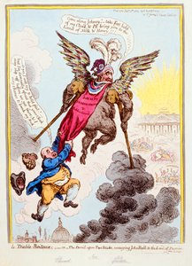 Le Diable-Boiteux, avagy Az ördög két pálcikán, amely John Bull-t az ígéret földjére viszi, Hannah Humphrey adta ki 1806-ban (kézzel színezett rézkarc)