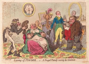 Leaving off Powder, or a Frugal Family Saving the Guinea, pub.1795 (kézzel színezett gravírozás)