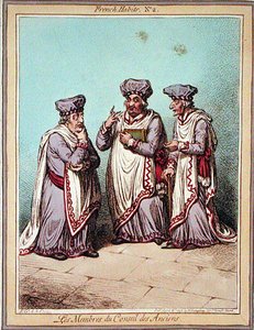 Les Membres du Conseil des Anciens, 2. lemez a „French Habits”-ből, Hannah Humphrey adta ki 1798-ban (színes rézkarc) alkotó: James Gillray