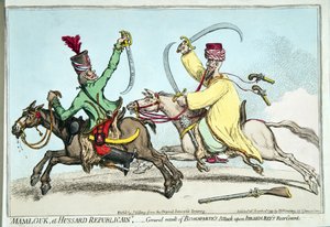 Mamlouk et Hussard Republicain, avagy Bonaparte Ibrahim Bey hátvédje elleni támadásának általános eredménye, Hannah Humphrey adta ki 1799-ben (kézzel színezett rézkarc)