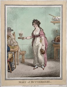 Mary of Buttermere, 1800 júliusában életnagyságban rajzolt, Hannah Humphrey 1802-ben adta ki (kézi színezett metszet).