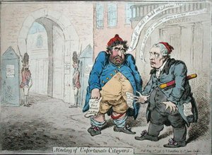 Szerencsétlen citoyenek találkozója, Hannah Humphrey 1798-ban (kézzel színezett rézkarc) alkotó: James Gillray