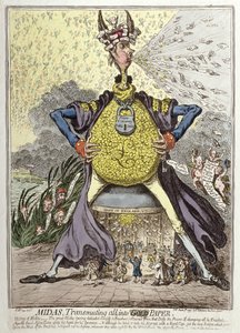 Midas Transmuting All into Gold Paper, Hannah Humphrey adta ki 1797-ben (kézzel színezett rézkarc)