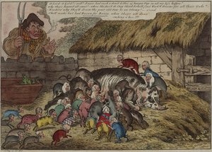 Több disznó, mint bimbó, vagy – az éhes morgók új alomja, akik halálra szívják John Bull öreg kocáját, május 9. alkotó: James Gillray
