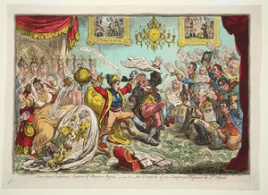 Hírek Calabriából! Buenos Ayres elfoglalása! - azaz egy Imperial Dejeune kényelme a St Clouds-ban, pub. 1806 (kézzel színezett metszet)