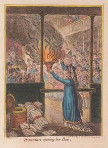 Pandora kinyitja szelencéjét, kocsma. 1809 (kézzel színezett metszet)