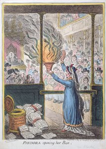 Pandora Opening her Box, kiadó: Hannah Humphrey, 1809 (kézzel színezett rézkarc)