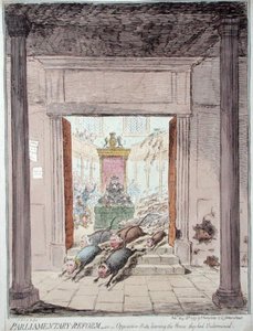 Hannah Humphrey 1797-ben, a parlamenti reform, avagy az ellenzéki patkányok elhagyják a házat, amelyet aláástak (kézzel színezett rézkarc) alkotó: James Gillray