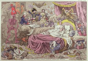 "Politikai álmok, látomások a békéről, kilátásba helyezett borzalmak", karikatúra az amiensi békéről, 1802. március 25. (színes metszet)
