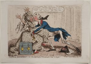 A Political Ravishment, avagy The Old Lady of Threadneedle Street veszélyben!, Hannah Humphrey, 1797 (kézzel színezett rézkarc)