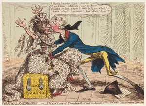 Politikai elragadtatás, avagy a Threadneedle Street vénasszonya veszélyben!, 1797 alkotó: James Gillray