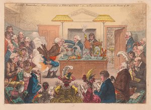 Tudományos kutatások! Új felfedezések a pneumatikában! Vagy egy kísérleti előadás az erőkről osf Air, pub. 1802 (kézzel színezett metszet)