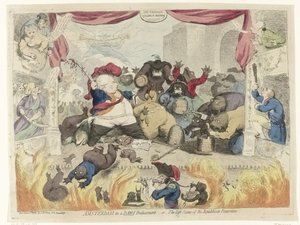 Karikatúra a hazafiak közötti pánikról V. Vilmos felgyógyulása után, 1787 Amszterdam elzárkózott helyzetben, vagy - A republikánus pantomim utolsó jelenete (cím az objektumon) alkotó: James Gillray