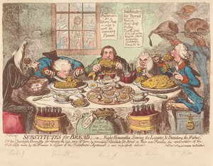 Kenyérpótlékok - avagy - Tisztelt képviselő urak, megmentik a kenyereket és felosztják a halakat alkotó: James Gillray