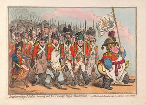 Kiegészítő Milícia, megfordul a Twenty Days Amusement, kocsma. 1796 (kézzel színezett metszet) alkotó: James Gillray