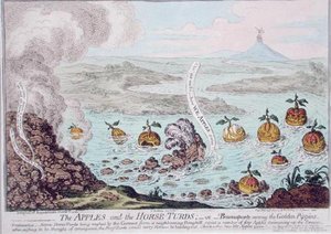 Hannah Humphrey 1800-ban kiadott Az almák és a lóturdák, avagy Buonaparte az aranypipikék között (kézzel színezett rézkarc) alkotó: James Gillray