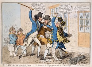 The Caneing in Conduit Street, Hannah Humphrey, 1796 (kézzel színezett rézkarc)