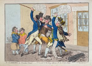 The Caneing in Conduit Street, Hannah Humphrey 1796-ban (kézzel színezett rézkarc)