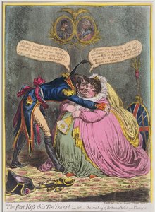 Az első csók tíz év óta! vagy The Meeting of Britannia und Citizen Francois, Hannah Humphrey 1803-ban (kézzel színezett rézkarc akvatintával)