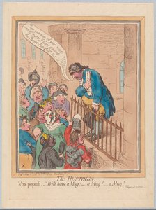 Hustingék. Vox Populi Hát legyen bögréd! Egy bögre! Egy bögre!, kocsma. 1796 (kézzel színezett metszet)