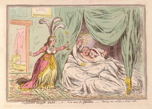 A Jersey-i csempész észlelte, vagy Jó ok az elválásra, a házassági fogadalmak hamisak, mint Dicers esküje, kocsma. 1796 (kézzel színezett metszet) alkotó: James Gillray