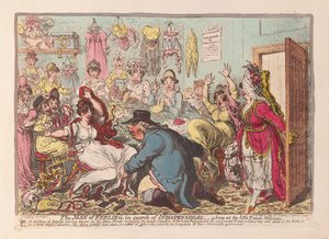 Az érzelmek embere nélkülözhetetleneket keresve; jelenet a kis francia Milliners kocsmában. 1800 (kézzel színezett gravírozás)