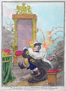 Az új hangszóró (azaz a törvénytisztelő tyúk) a sólymok és az egerészölyvek között, Hannah Humphrey kiadása 1800-ban (kézi színezett metszet).
