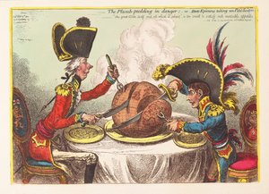 A szilvapuding veszélyben, vagy a State Epicures veszi a Petit Souper-t, kocsma. 1805 (kézzel színezett metszet)