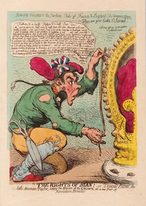 The Rights of Man, vagy Tomm Paine, a Little American Taylor, aki a koronát méri egy új Revolution Brieches párért, kocsma. 1791 (kézzel színezett metszet)