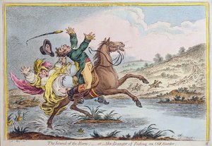 A kürt hangja, avagy Az öreg vadász meglovaglásának veszélye, Hannah Humphrey adta ki 1807-ben (kézzel színezett rézkarc)