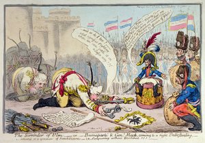 The Surrender of Ulm, or Buonaparte and General Mack coming to a right Understanding, Hannah Humphrey kiadása 1805-ben (kézzel színezett metszet).