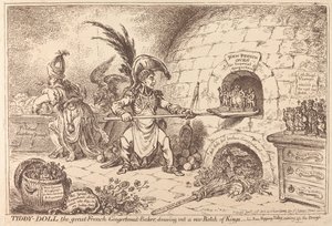 Tiddy-Doll, a nagyszerű mézeskalács-sütő, épp egy új adag „Kings” mézeskalácsot készít alkotó: James Gillray