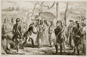 Lord Clive találkozása Meer Jaffierrel a Plassey-i csata után, Thomas Williams metszetében