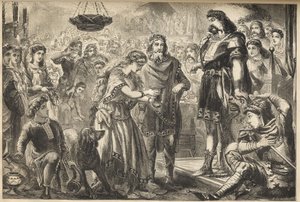 Vortigern (Gwrtheyrn) (5. század) A bretonok és Rowena királya - Rowena, Hengist lánya bort kínál Vortigernnek, a britek törzsi királyának - Vortigern, Nagy-Britannia királya, aki beleszeretett Rowenába Hengist, a szász tábornok lakomáján - metszet