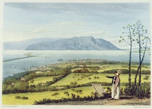 Kingston és Port Royal a Windsor Farmról, a Thomas Sutherland által metszett "A Pictureseque Tour of the Island of Jamaica" című műből, 1825.