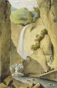 Vízesés a Windward Roadon Kingston közelében, "A festői körút Jamaica szigetén" című filmből, Thomas Sutherland metszetében, 1824